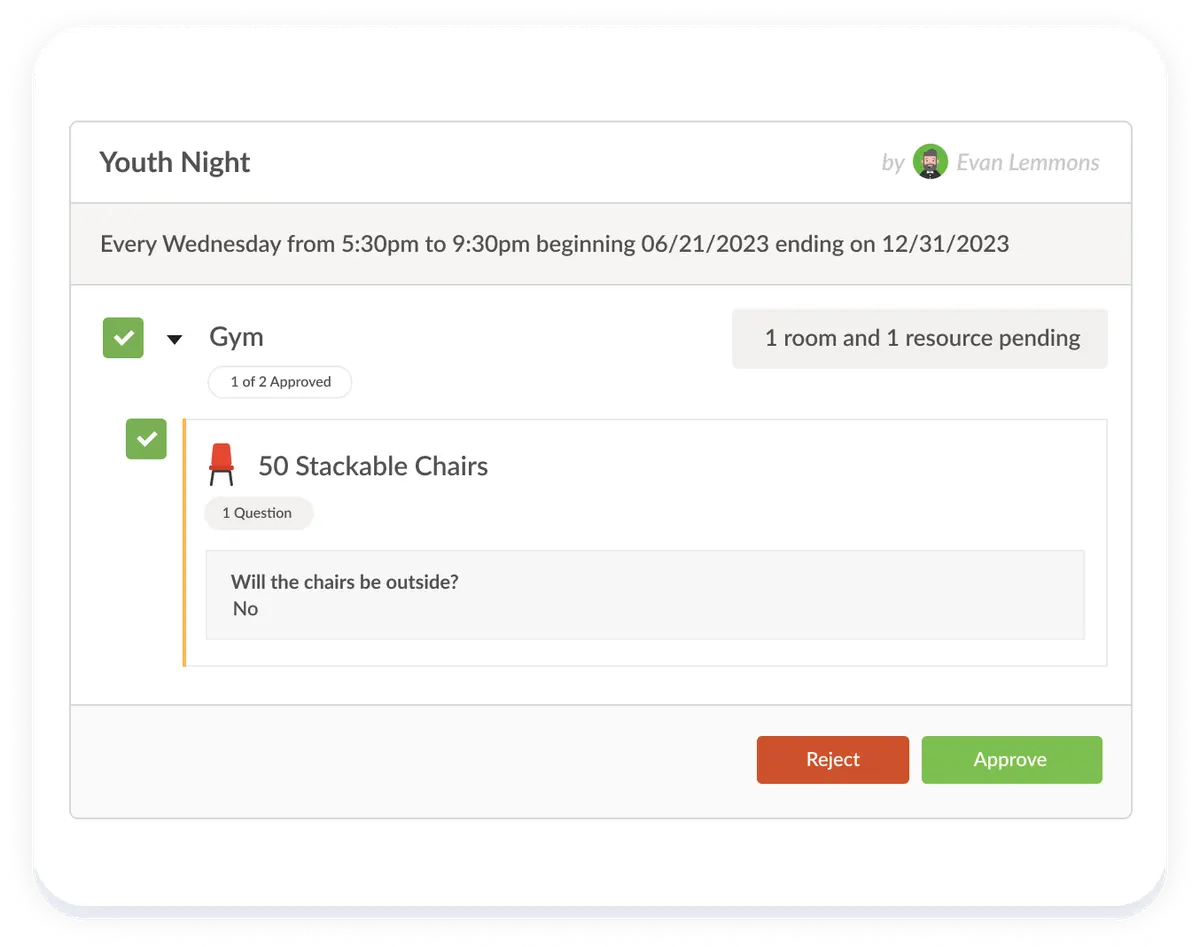 An image showing the approval of a request to use the gym and chairs for a youth night event.