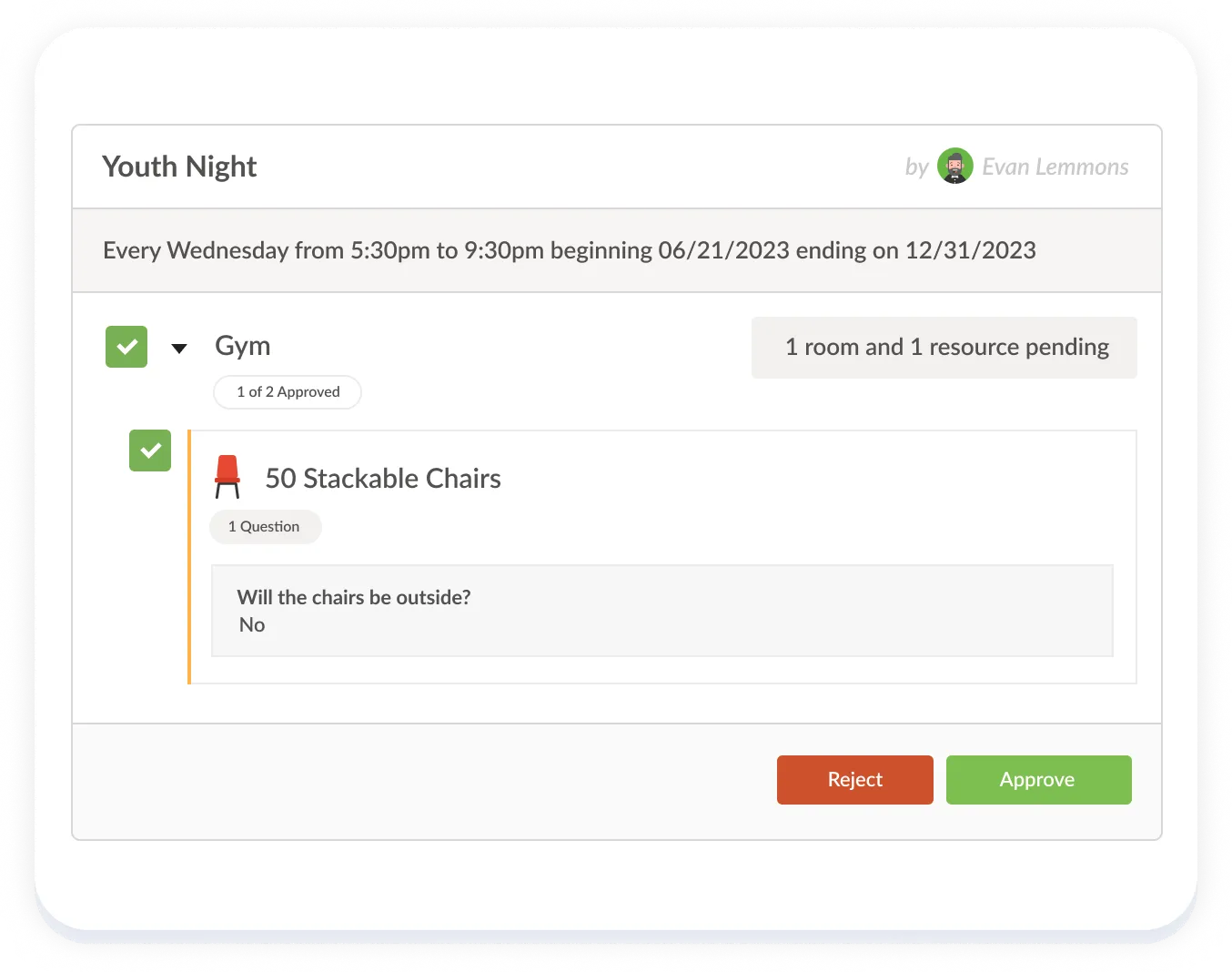 An image showing the approval of a request to use the gym and chairs for a youth night event.