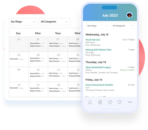 church event calendar filtered to a specific campus on both a desktop and a mobile phone