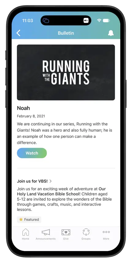 Smartphone displaying a bulletin app screen. The header reads "Running with the Giants," with a description about a series on Noah.