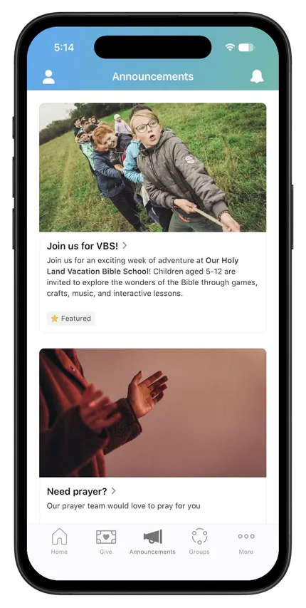 Smartphone screen showing an app with announcements about a Vacation Bible School for kids and a prayer service.