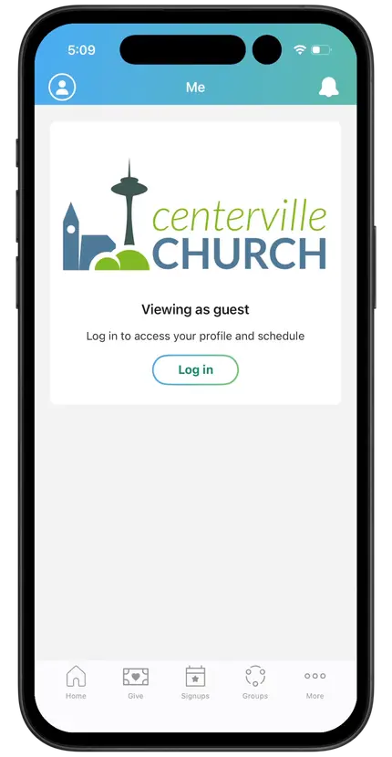 Smartphone screen displaying the Centerville Church app login prompt, with options for home, give, signups, groups, and more at the bottom.