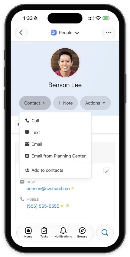 Screenshot of a profile page on Planning Center People in the Planning Center app show casing new native profile actions