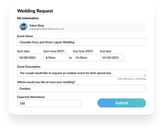 An image showing an event request form being filled out for an outdoor wedding at the church.