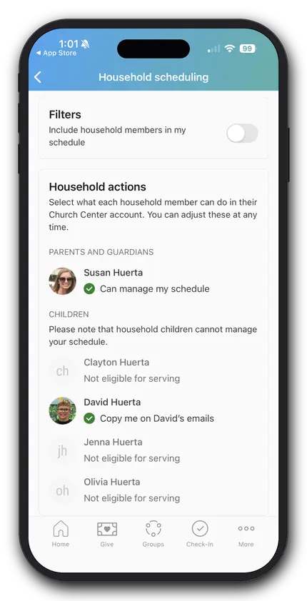 Household scheduling app showing actions for family members. Susan can manage schedule, David's emails copied, others not eligible for serving.