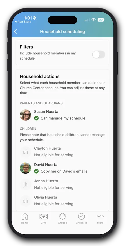 Household scheduling app showing actions for family members. Susan can manage schedule, David's emails copied, others not eligible for serving.