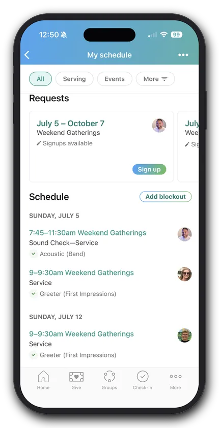 Schedule app screen with requests and events, including Weekend Gatherings on July 5 and July 12. Options to sign up and add blockout.