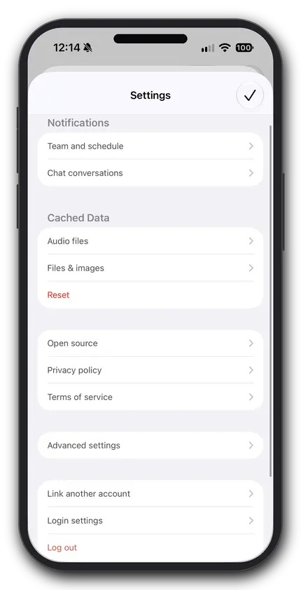 Settings menu on a smartphone screen showing options for notifications, cached data, privacy, and logout. Time displayed is 12:14.