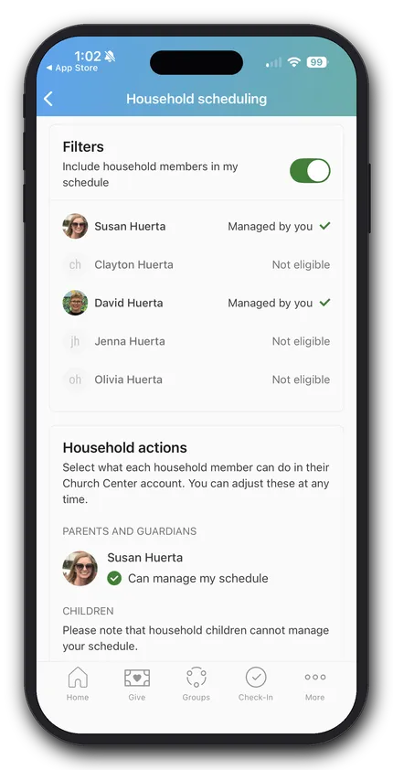 Household scheduling app screen showing members, eligible managers, and options for managing schedules, with a green toggle for inclusion.