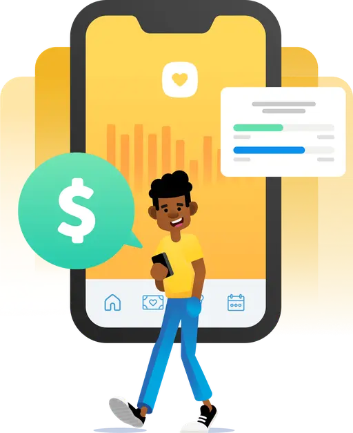 Illustration of a person with a phone in front of a large smartphone screen displaying financial graphs and a dollar sign bubble.