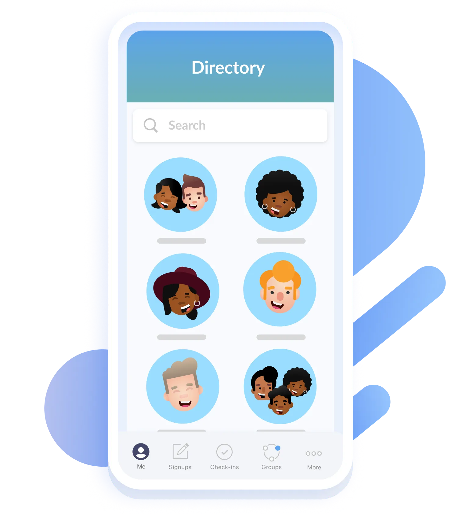 A mobile phone displaying a directory of people on Church Center with six profile avatars.