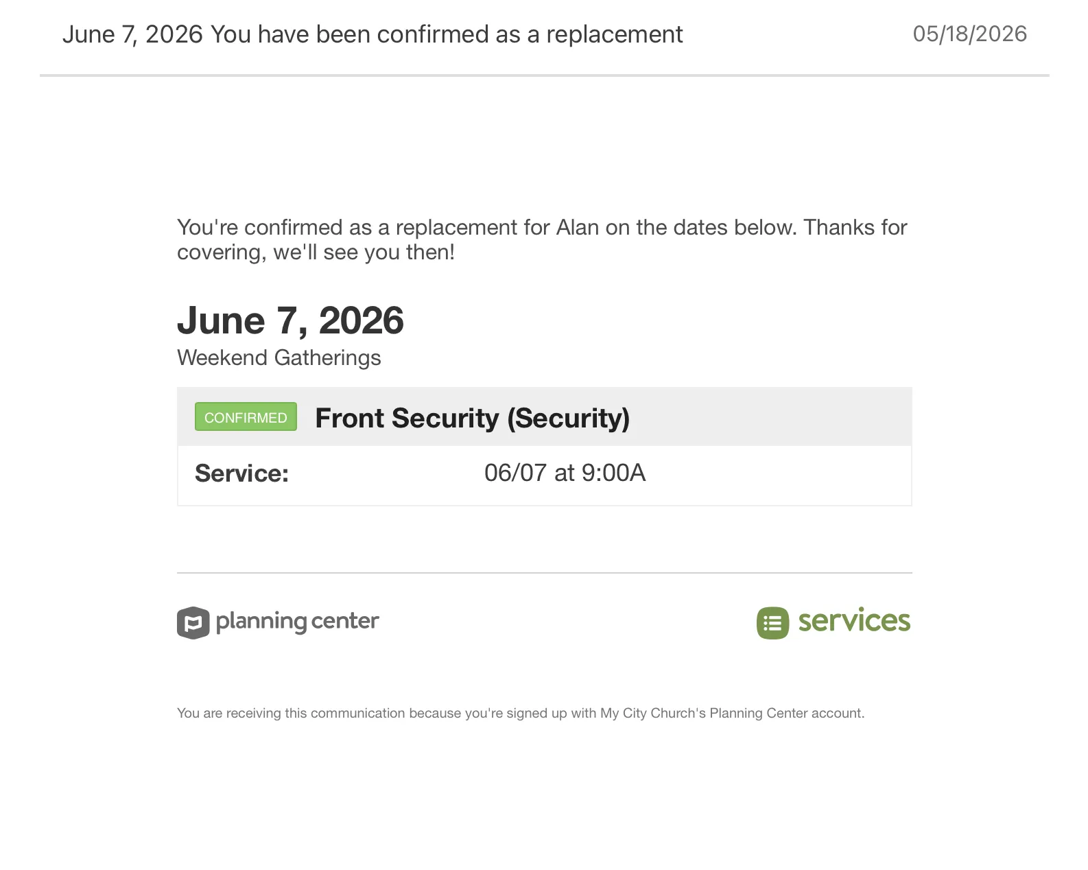 Confirmation email for replacing a security role on June 7, 2026, at 9:00 AM, via Planning Center Services.