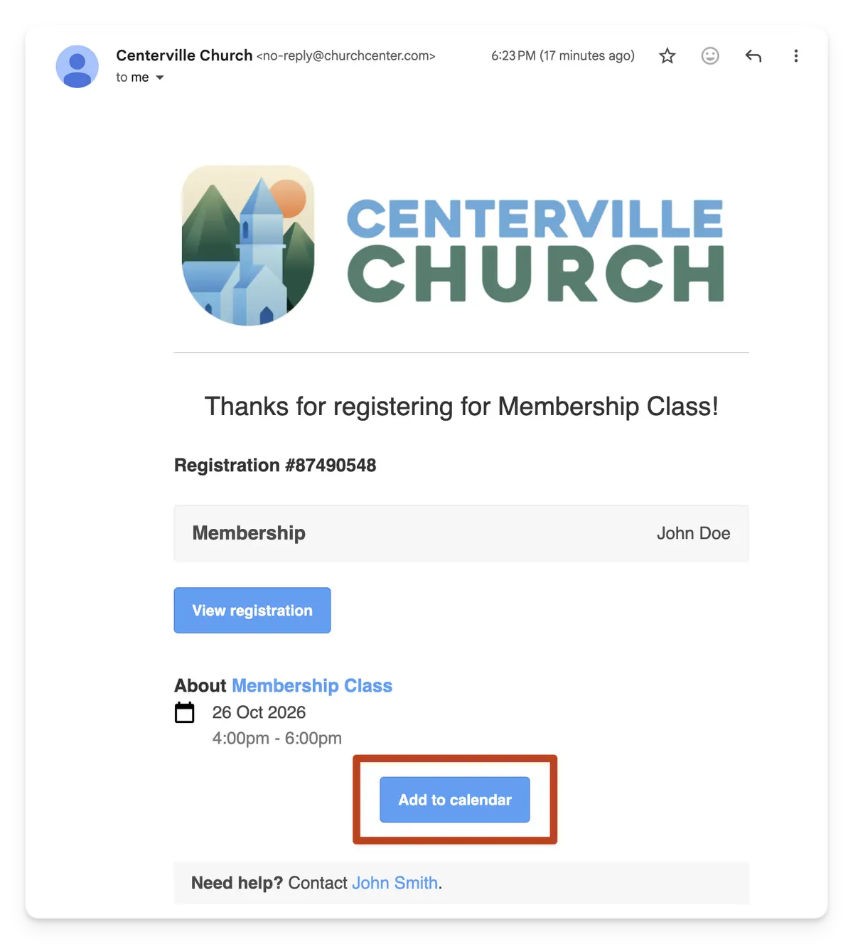 Planning Center email confirmation for Centerville Church membership class registration, featuring event date, time, and "Add to calendar" button.