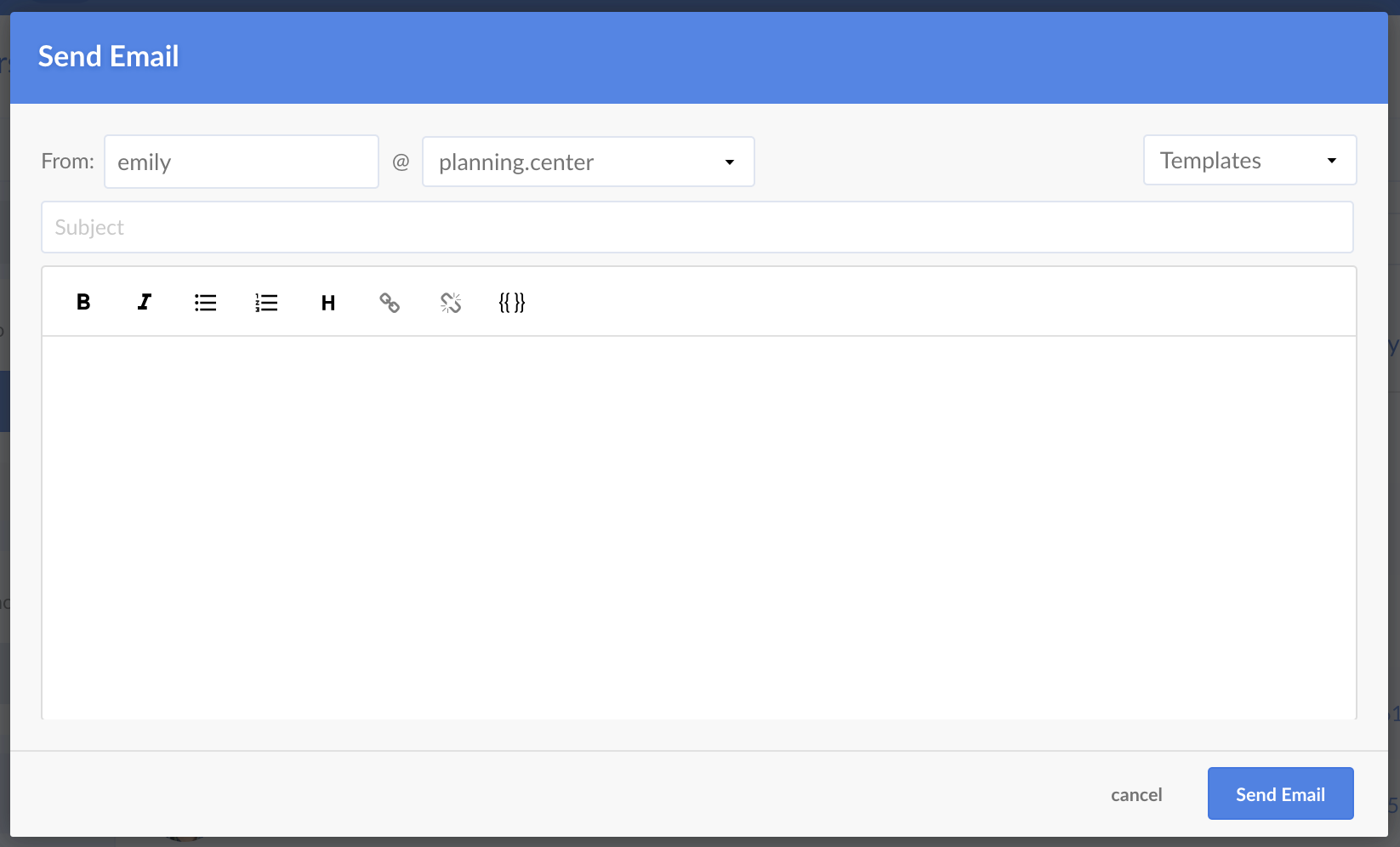null A blank email composition window with the from, subject, and body fields.