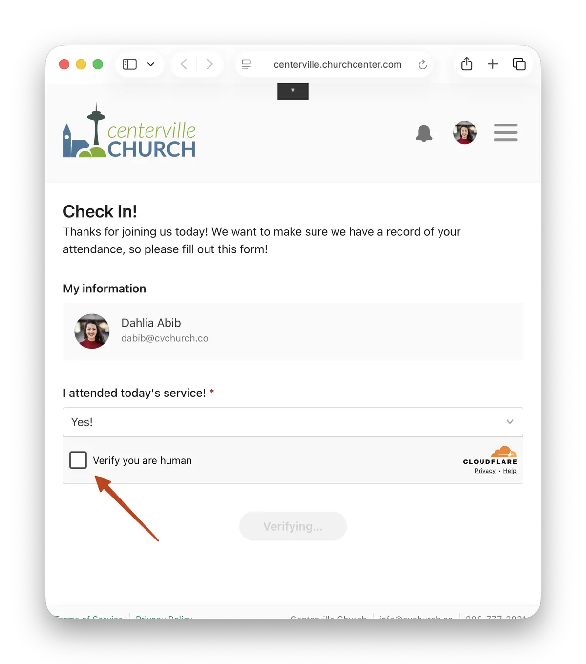 Church check-in form with name, email, and service attendance; includes a "Verify you are human" checkbox.