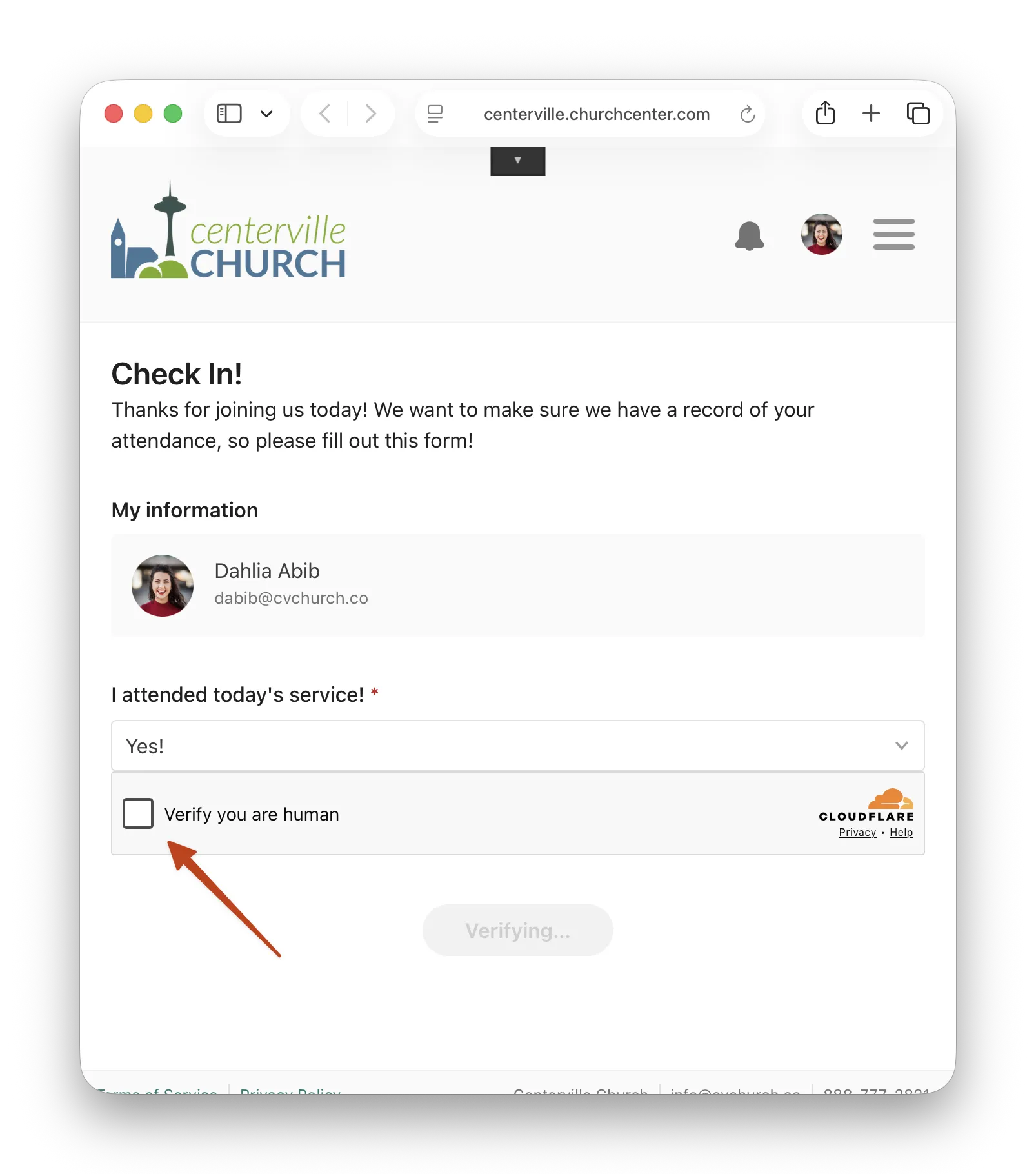Church check-in form with name, email, and service attendance; includes a "Verify you are human" checkbox.