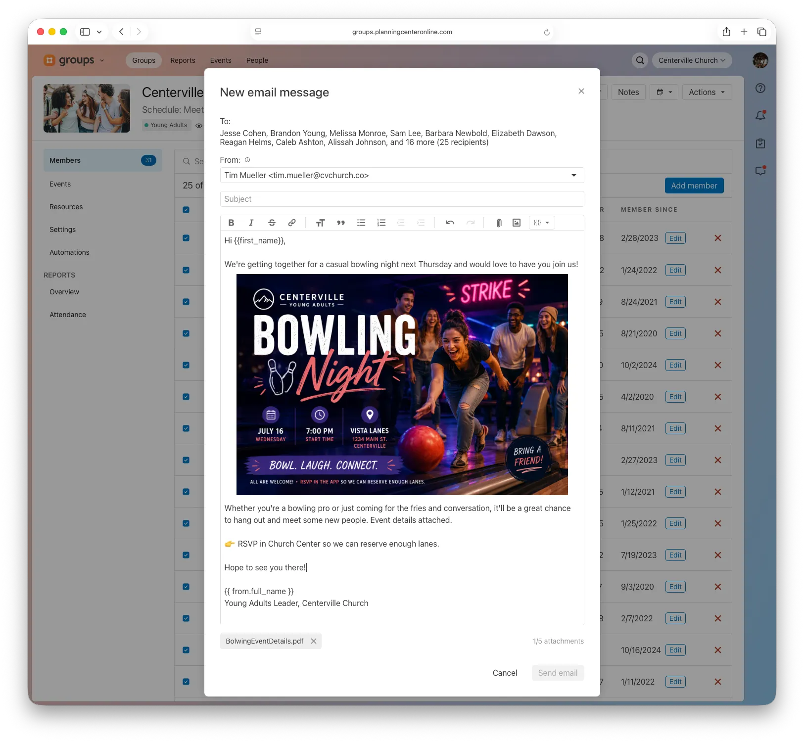 Screenshot of Groups email showing attachments & inline images