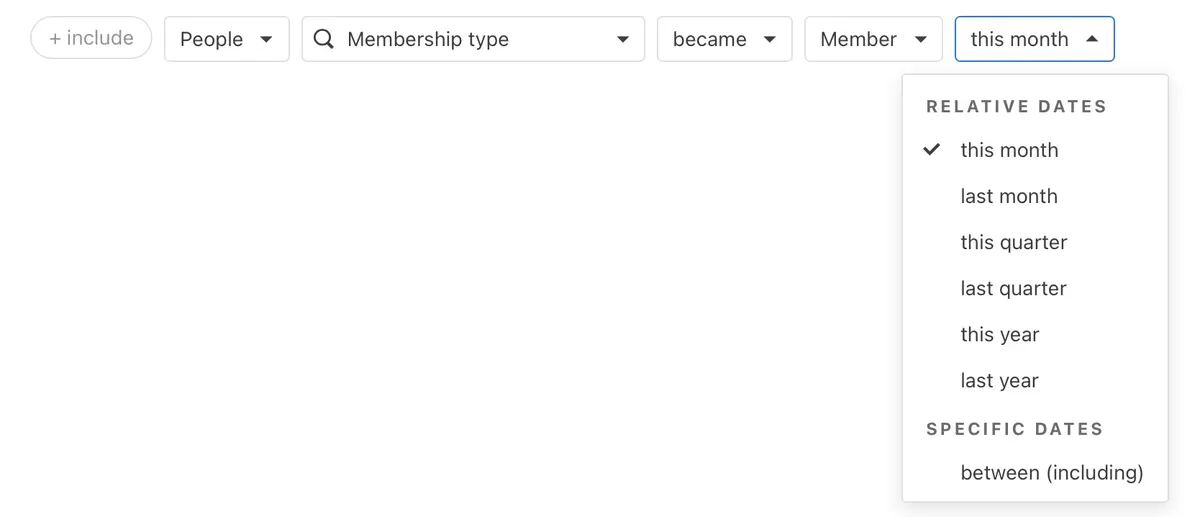 Filter options for a membership database, showing dropdowns for people type, membership type, status, and date range.