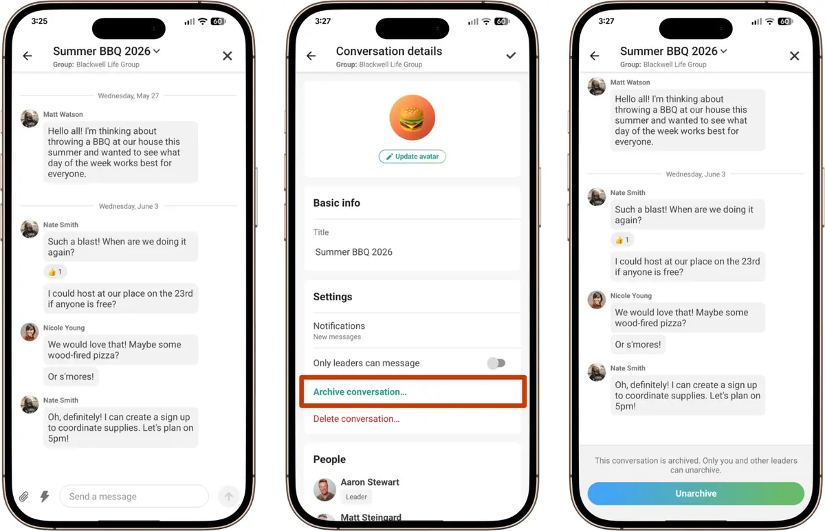 Three smartphone screens showing a group chat for a "Summer BBQ 2026", with messages discussing plans and an option to archive the conversation.