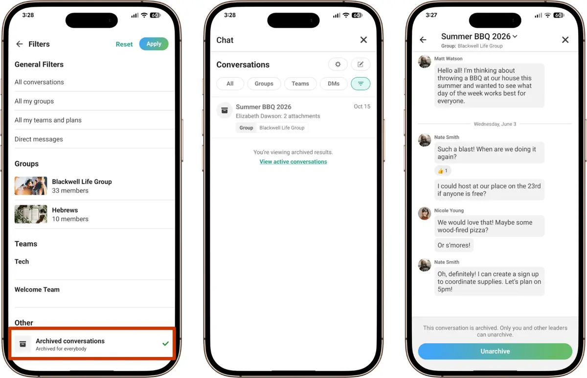 Three smartphone screens showing chat filters, archived conversations, and a group chat about planning a summer BBQ event.
