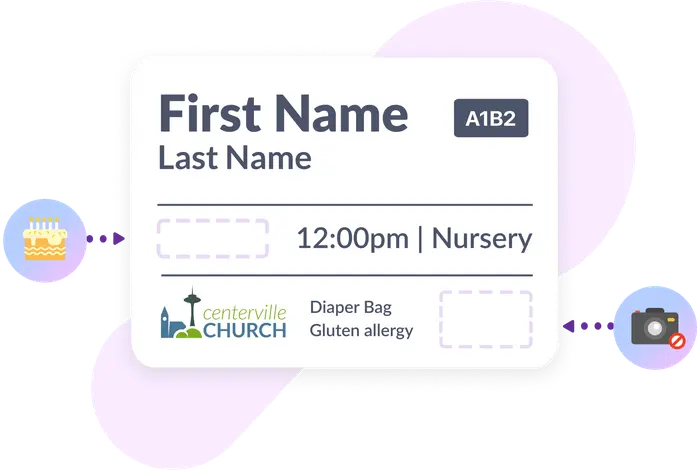 A child's name tag showing their location and that they have allergies and it's their birthday.