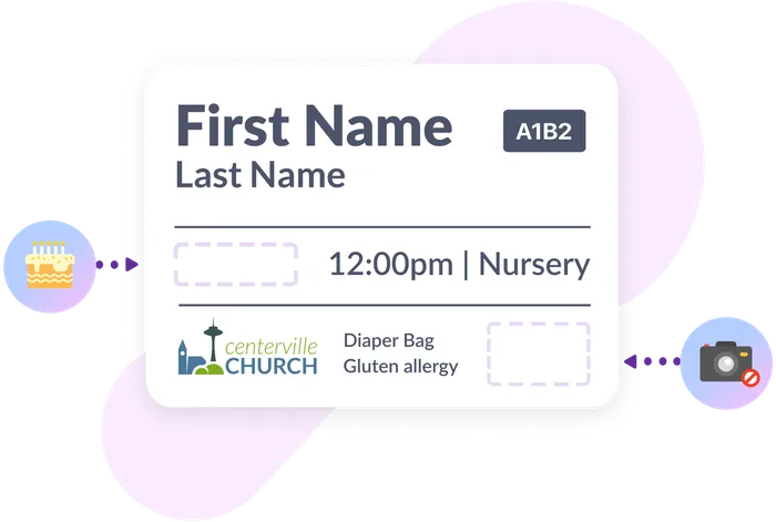 A child's name tag showing their location and that they have allergies and it's their birthday.