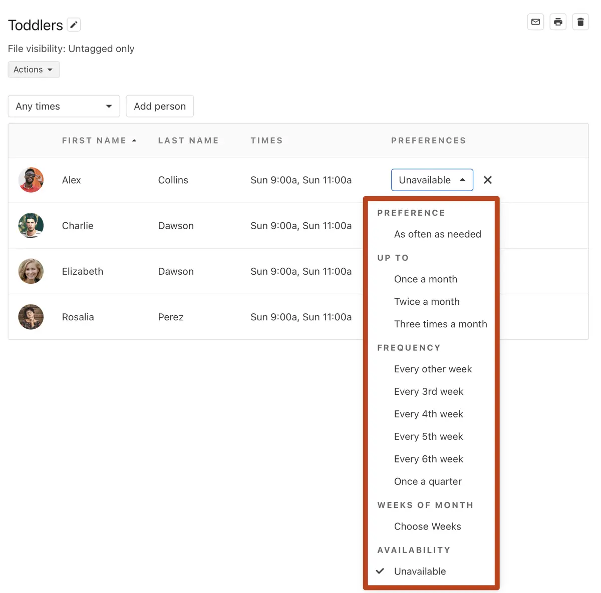 A scheduling interface with a list of names and time preferences, displaying a dropdown menu with various frequency options.