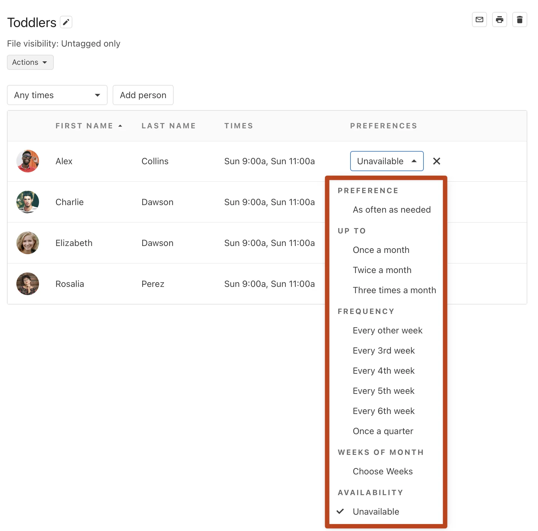 A scheduling interface with a list of names and time preferences, displaying a dropdown menu with various frequency options.