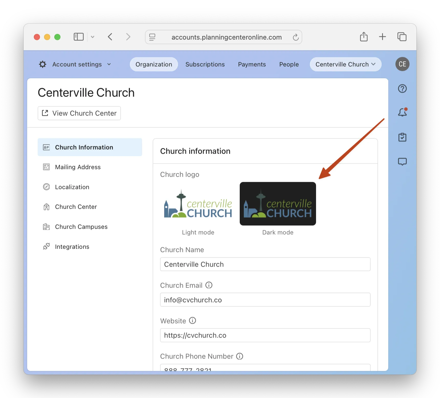 Web page showing church information with a dark and light mode logo for Centerville Church and contact details.
