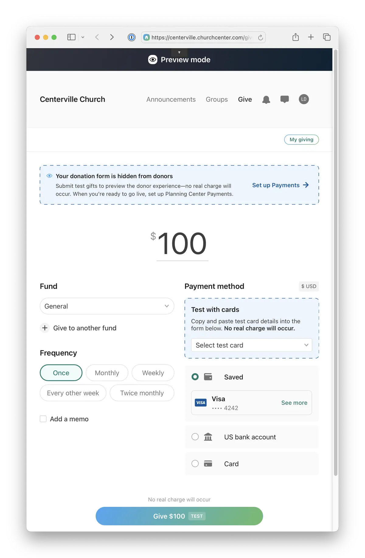 Donation form preview for Centerville Church in Church Center. Options for fund, frequency, and payment method are displayed, with a $100 test transaction.