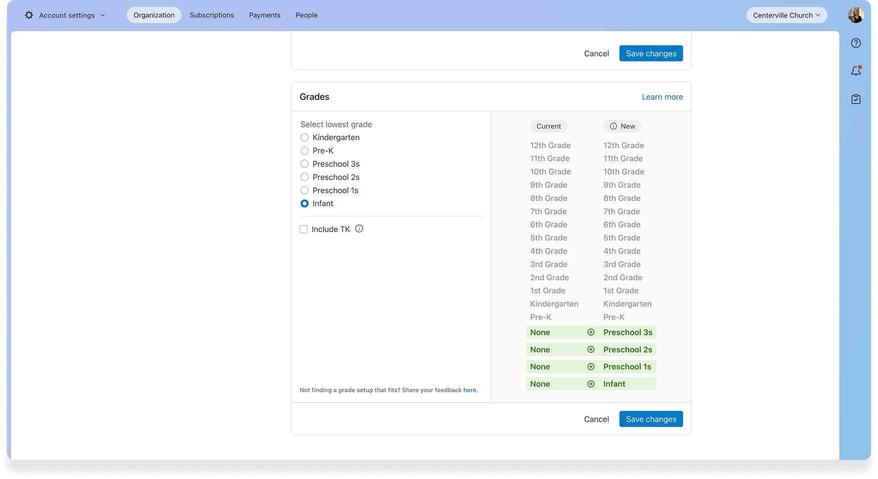 Updating grade lists in Account Settings to include infant and more preschool grades
