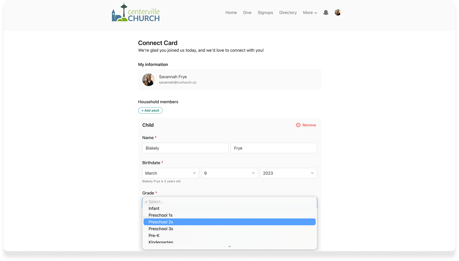 New grades lists show on Church Center form