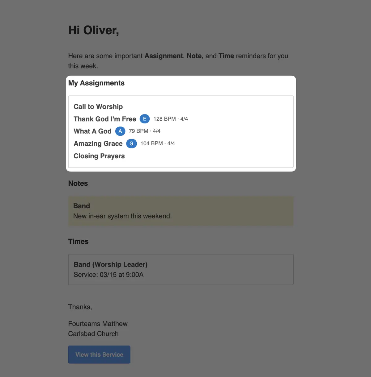 A webpage showing music assignments with song titles, beats per minute, and time signatures. Includes notes and a service schedule.