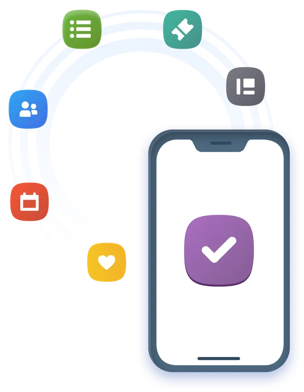 An illustration of all the logos of different Planning Center products next to a mobile phone.