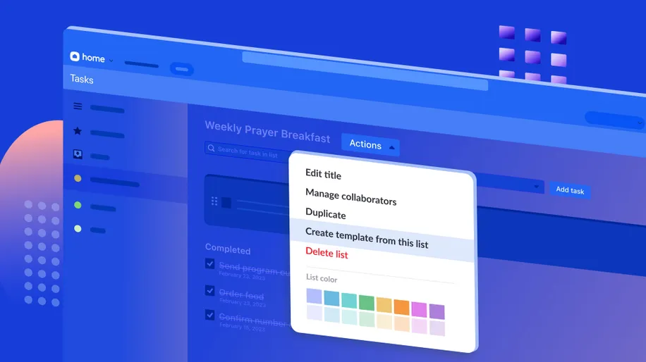 A task list in Planning Center Home with a drop-down menu displaying the option to create a template.