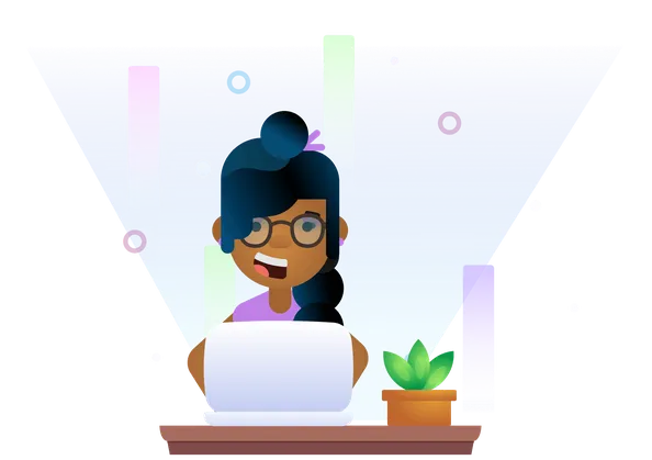 Illustration of a person with glasses at a laptop, smiling with colorful, abstract shapes in the background and a plant on the desk.