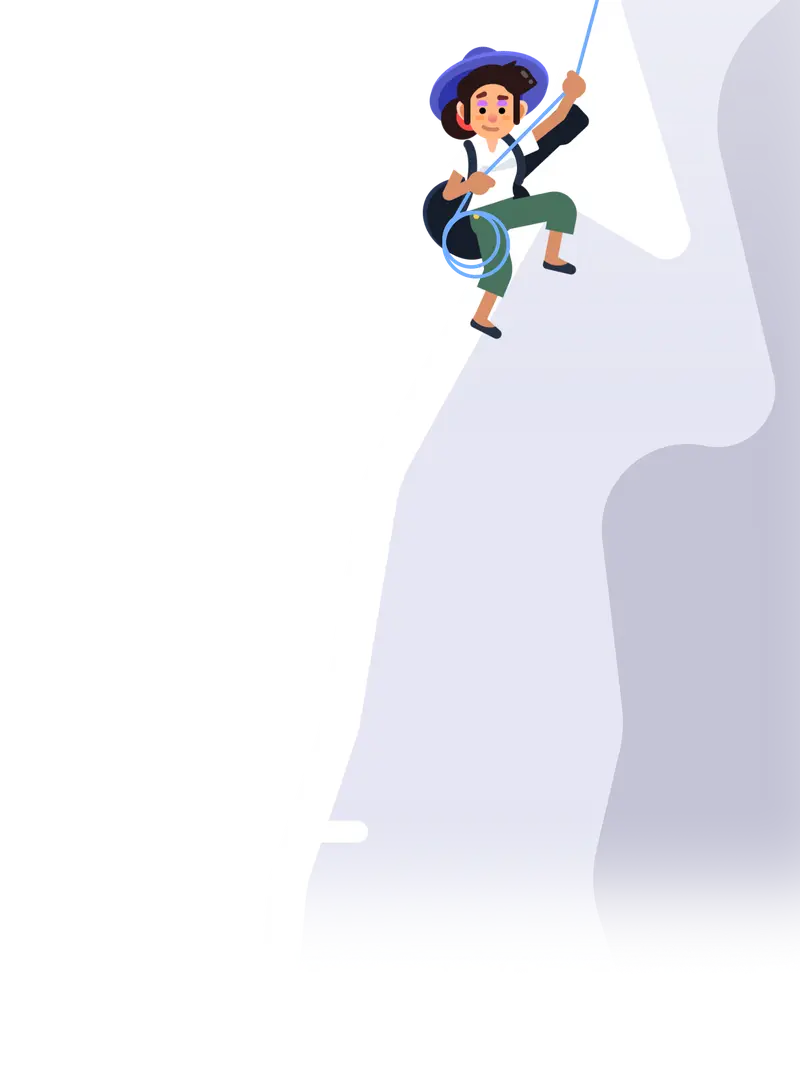 Illustration of a climbing with a guitar case on a cliff with a rope.