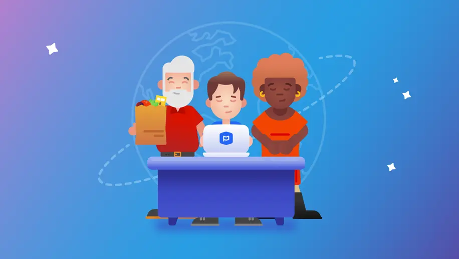 Three pensive looking people standing around a desk with an open laptop on the surface.