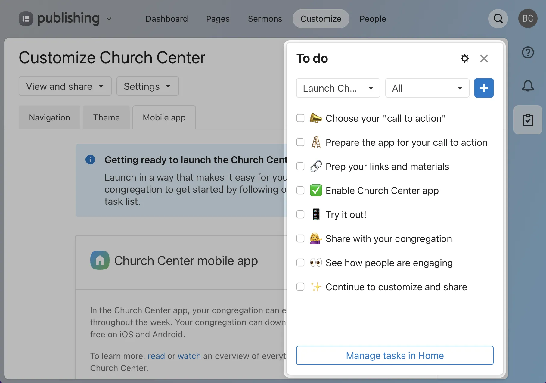 Dashboard interface showing customization options for a church app. A to-do list includes steps like launching, preparing, and engaging with the app.