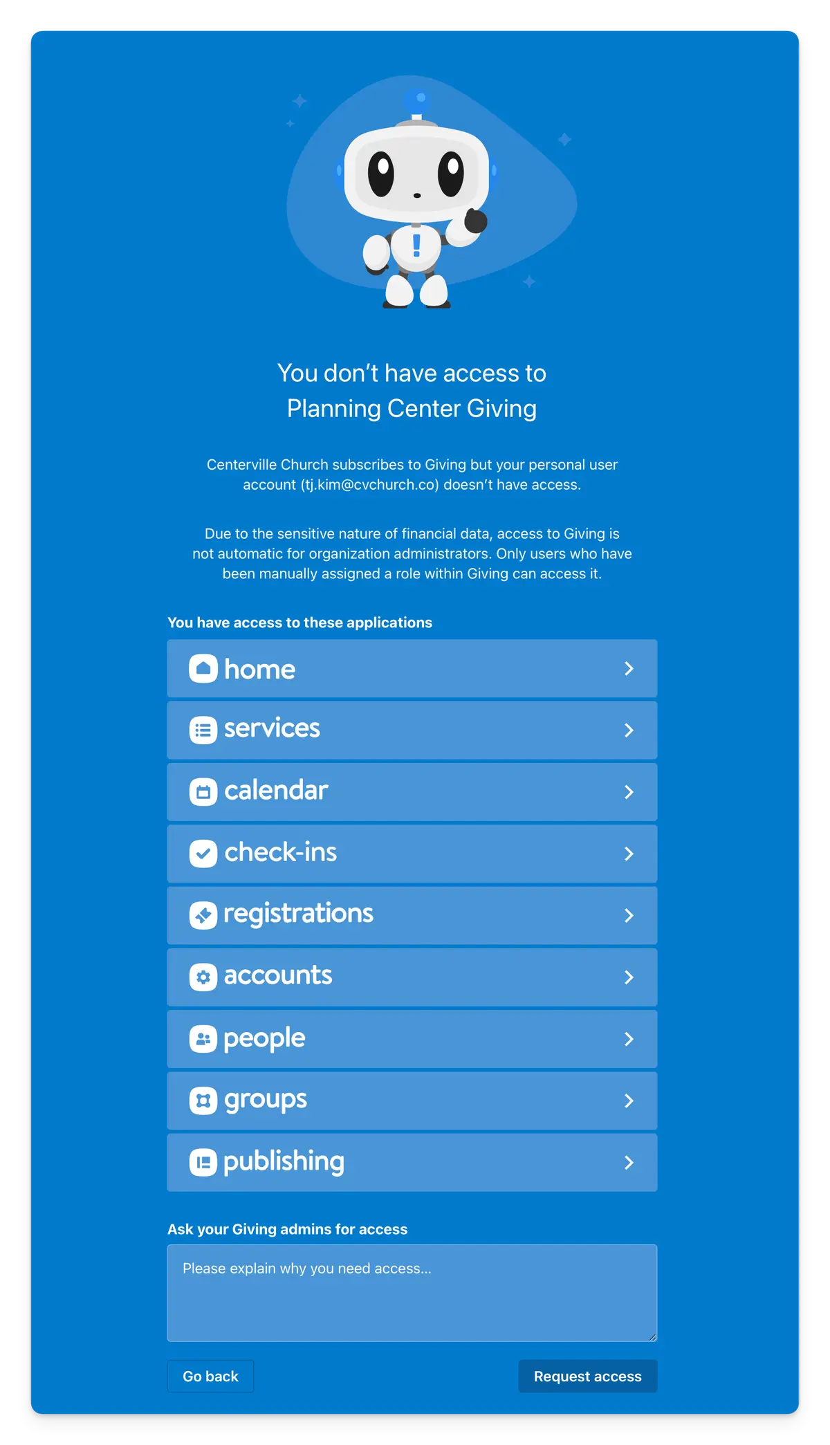 Access denial screen for Planning Center Giving with a cartoon robot Pico and options to request access or explore other applications.