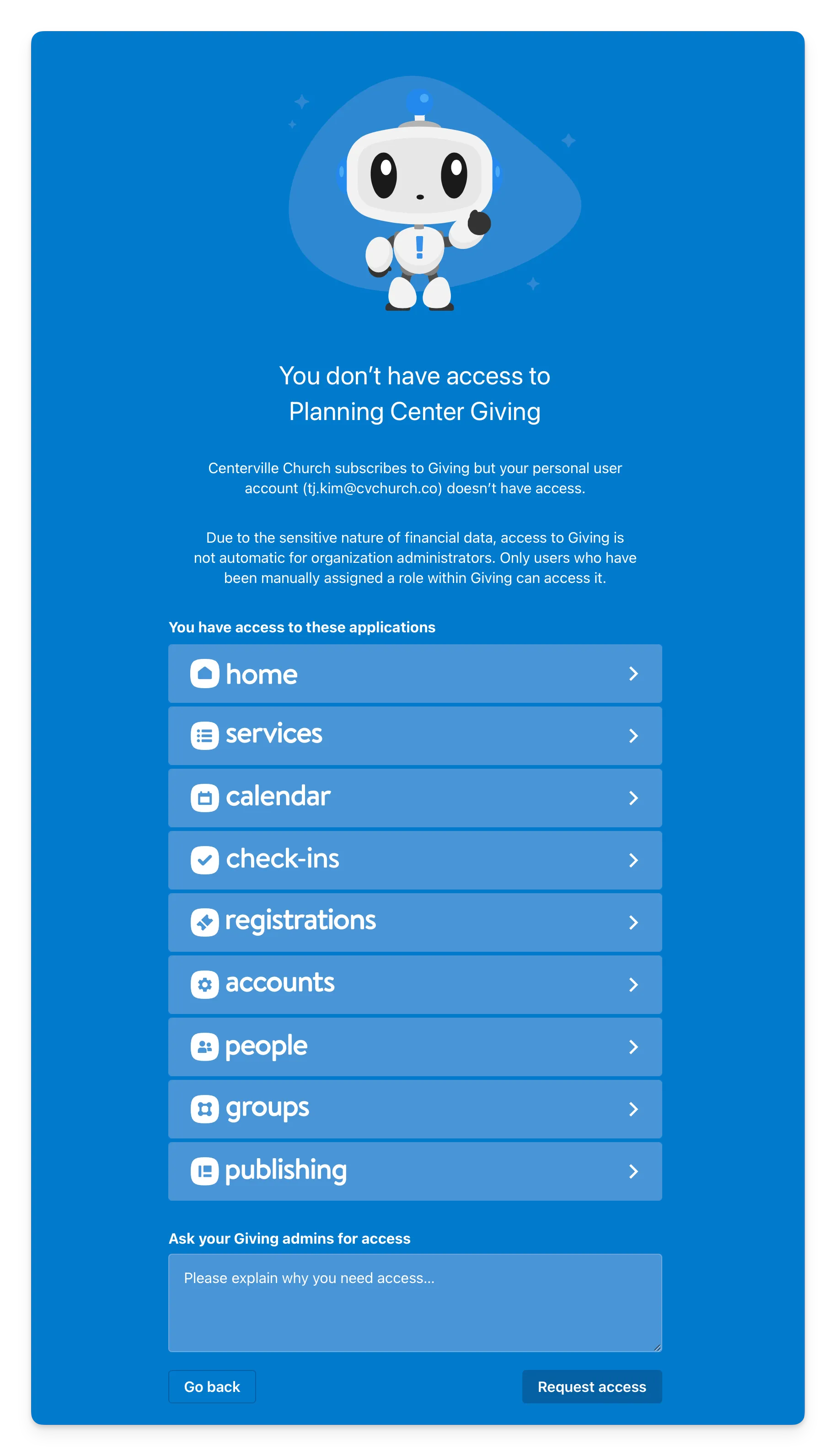 Access denial screen for Planning Center Giving with a cartoon robot Pico and options to request access or explore other applications.