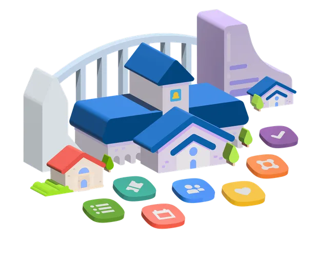 Colorful 3D illustration of buildings with blue roofs and various app icons like check marks, calendars, and hearts in the foreground.