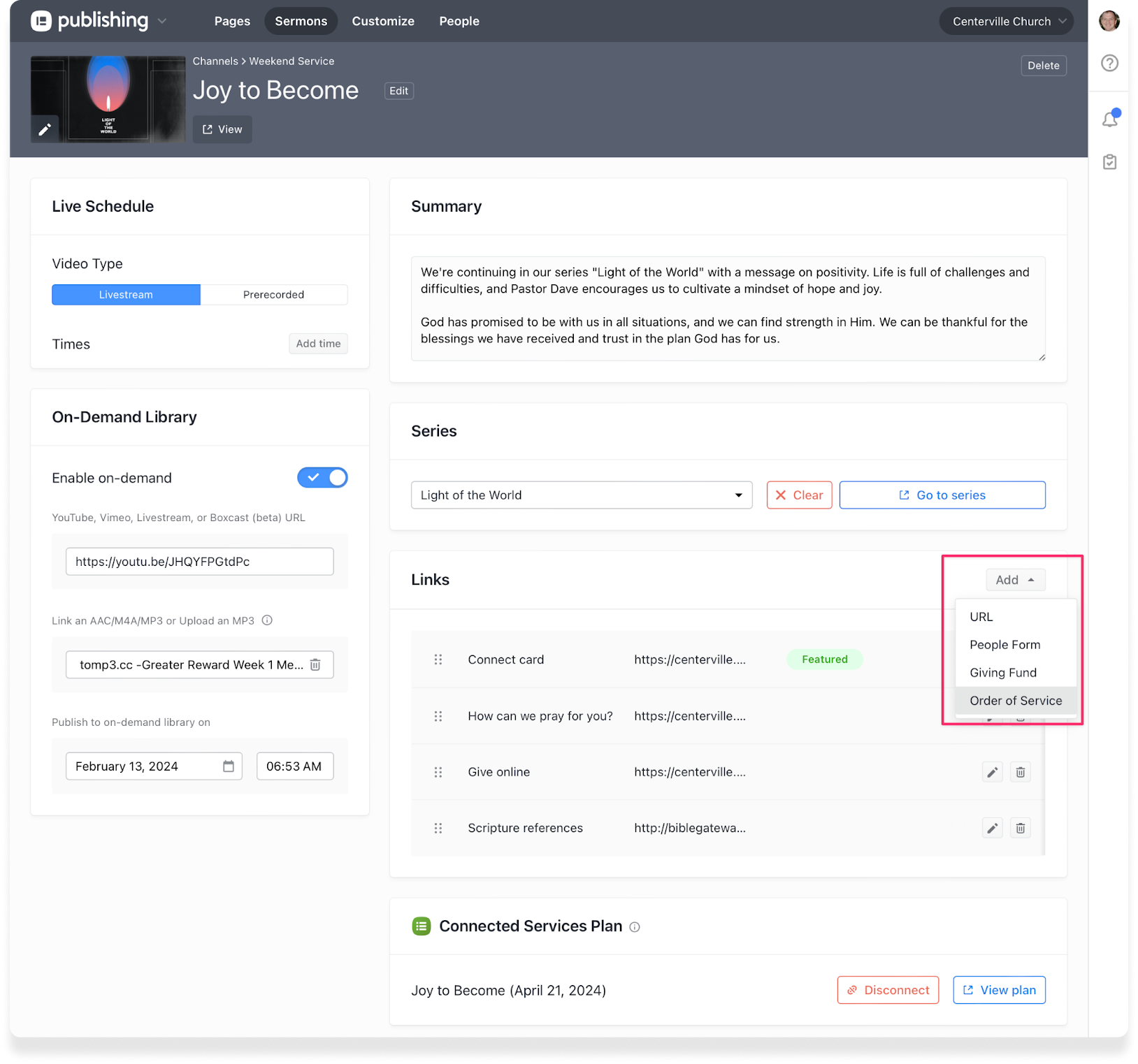 The Sermons page in Planning Center Publishing with a drop-down menu to display an order of service.