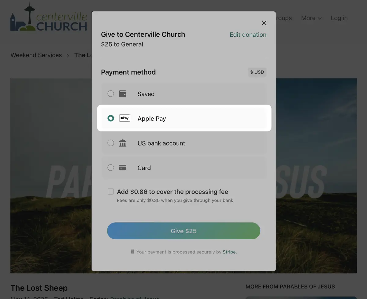 Payment options for a $25 donation to Centerville Church, highlighting Apple Pay, with an option to add processing fees.