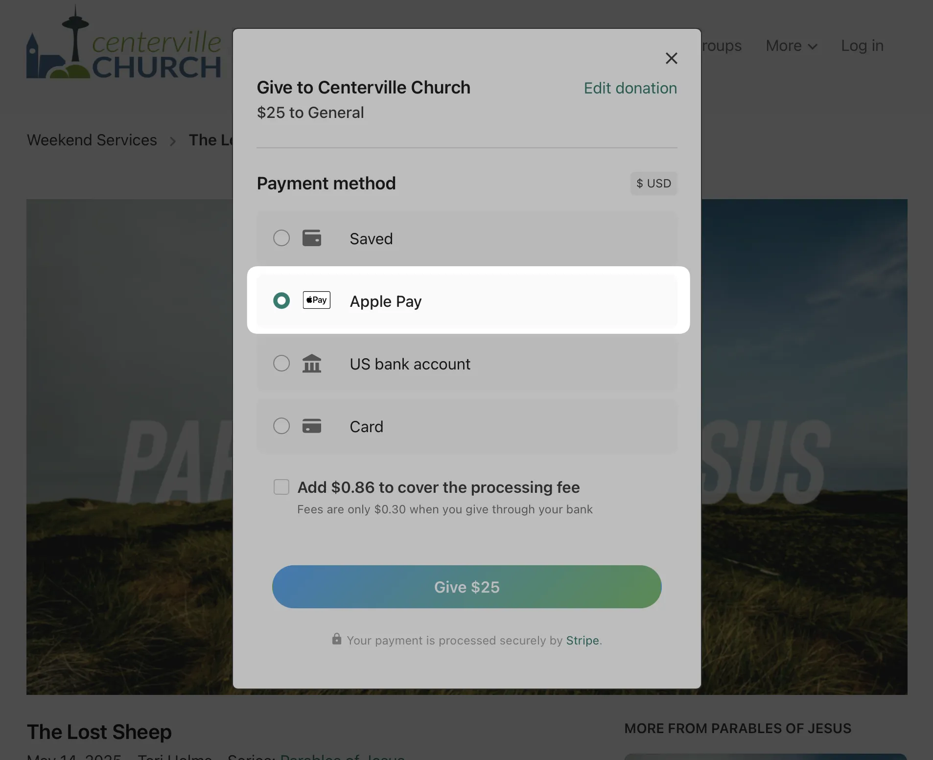 Payment options for a $25 donation to Centerville Church, highlighting Apple Pay, with an option to add processing fees.