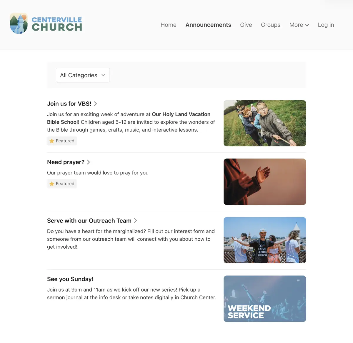 A church website announcements page featuring events like Vacation Bible School, prayer service, outreach team recruitment, and a weekend service.