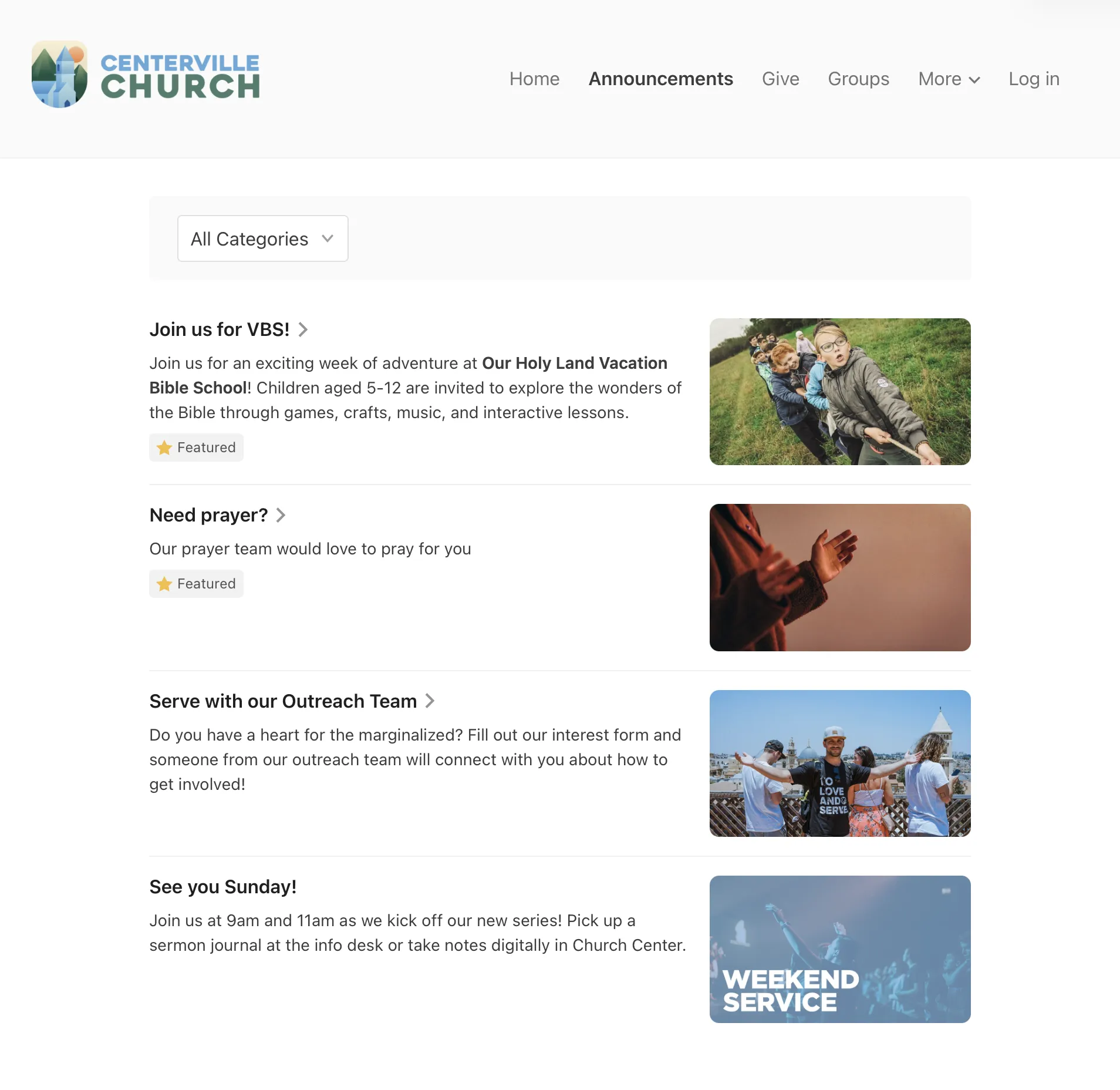 A church website announcements page featuring events like Vacation Bible School, prayer service, outreach team recruitment, and a weekend service.