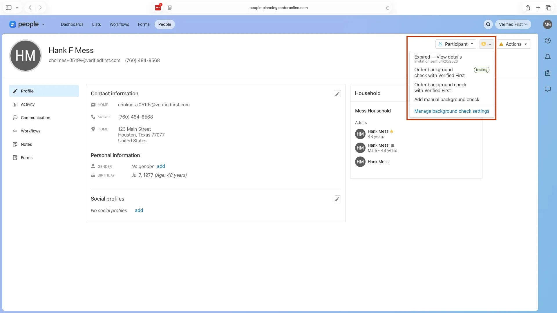 Profile page displaying contact info, personal details, and household members for "Hank F Mess" in a people management software interface.