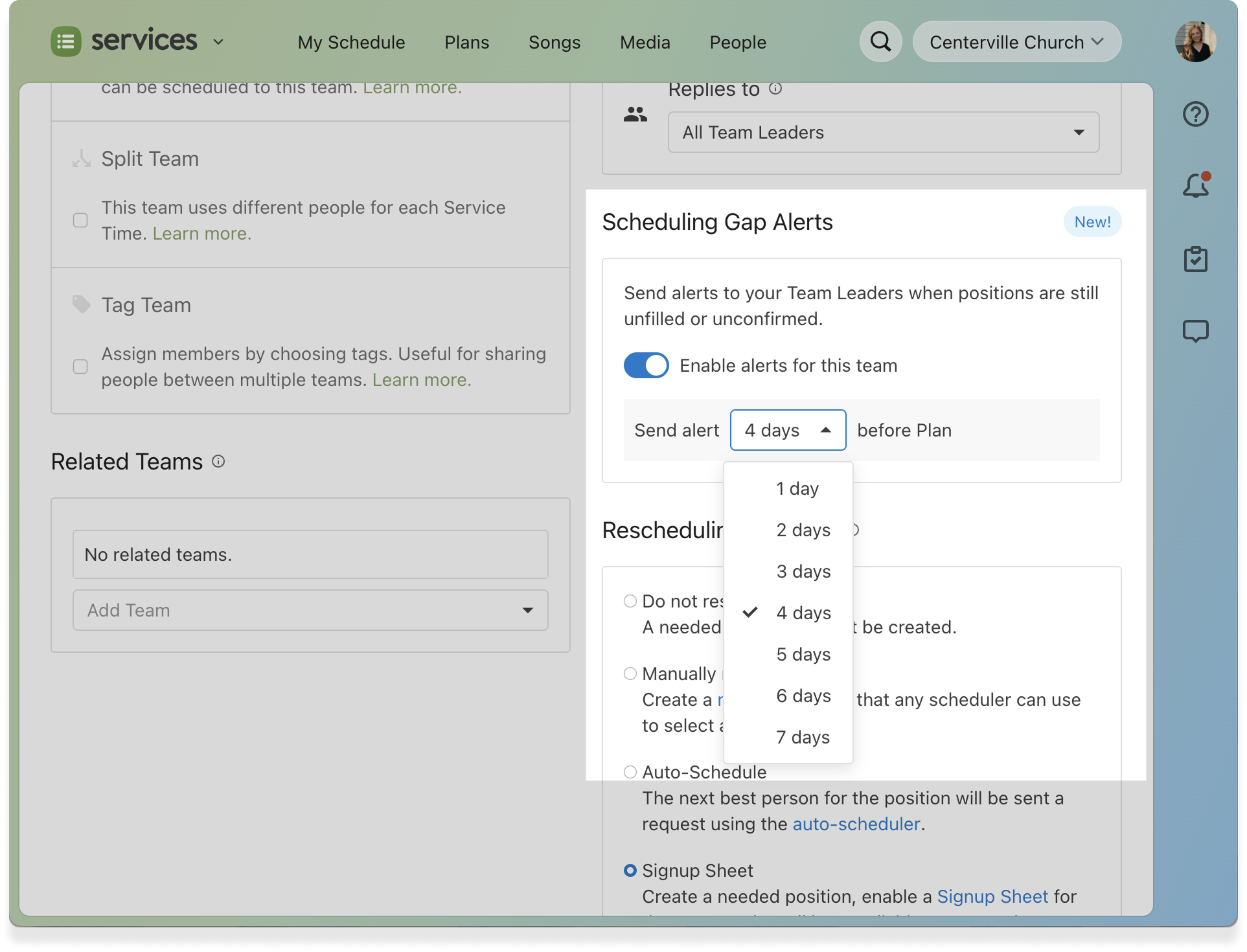 The scheduling gap alerts feature in Services with a timing dropdown to select an alert time.