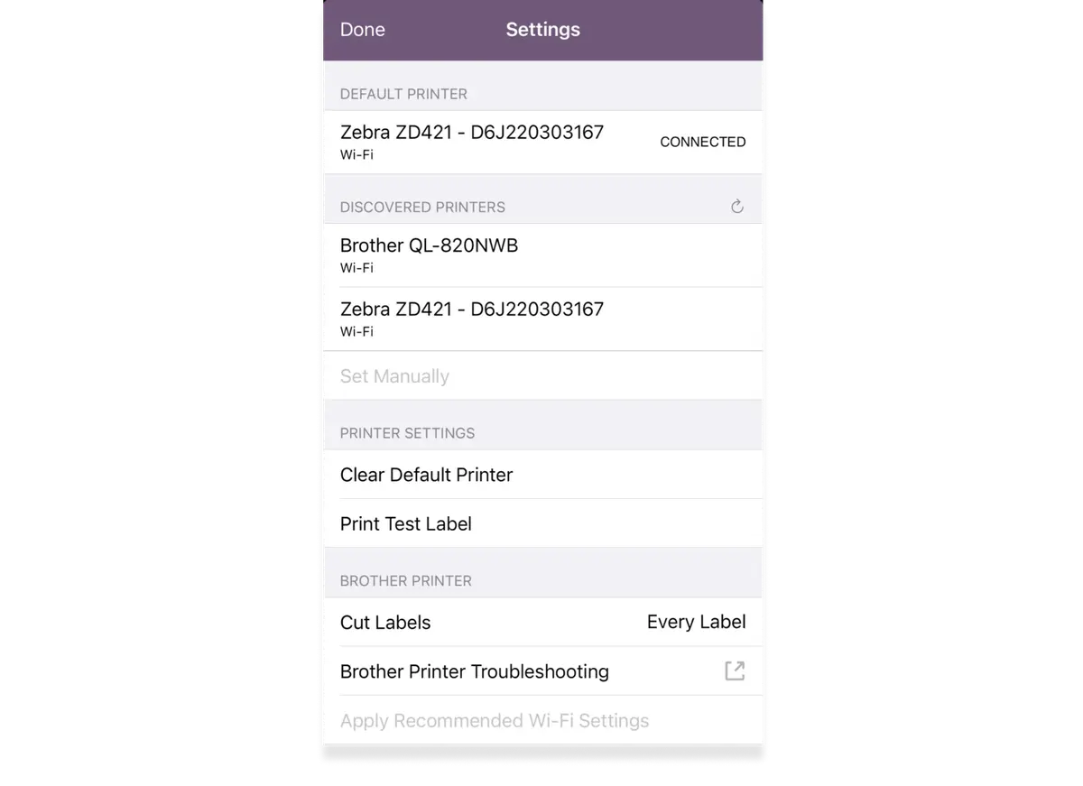 Mobile settings screen showing default printer "Zebra ZD421" (connected), discovered printers (Brother QL-820NWB, Zebra ZD421) and printer settings options.
